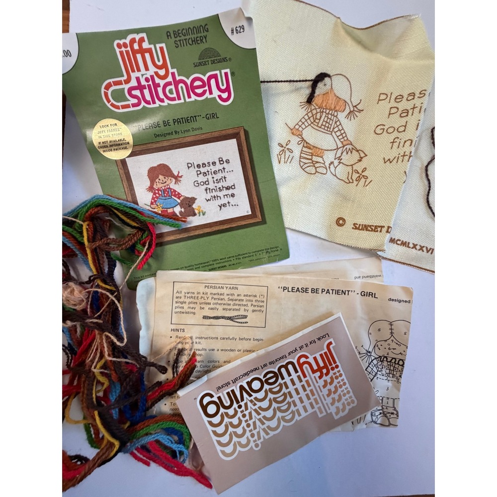 VTG Sunset Designs Jiffy Stitchery Please Be Patient Girl 5x7 Tan Embroidery Kit